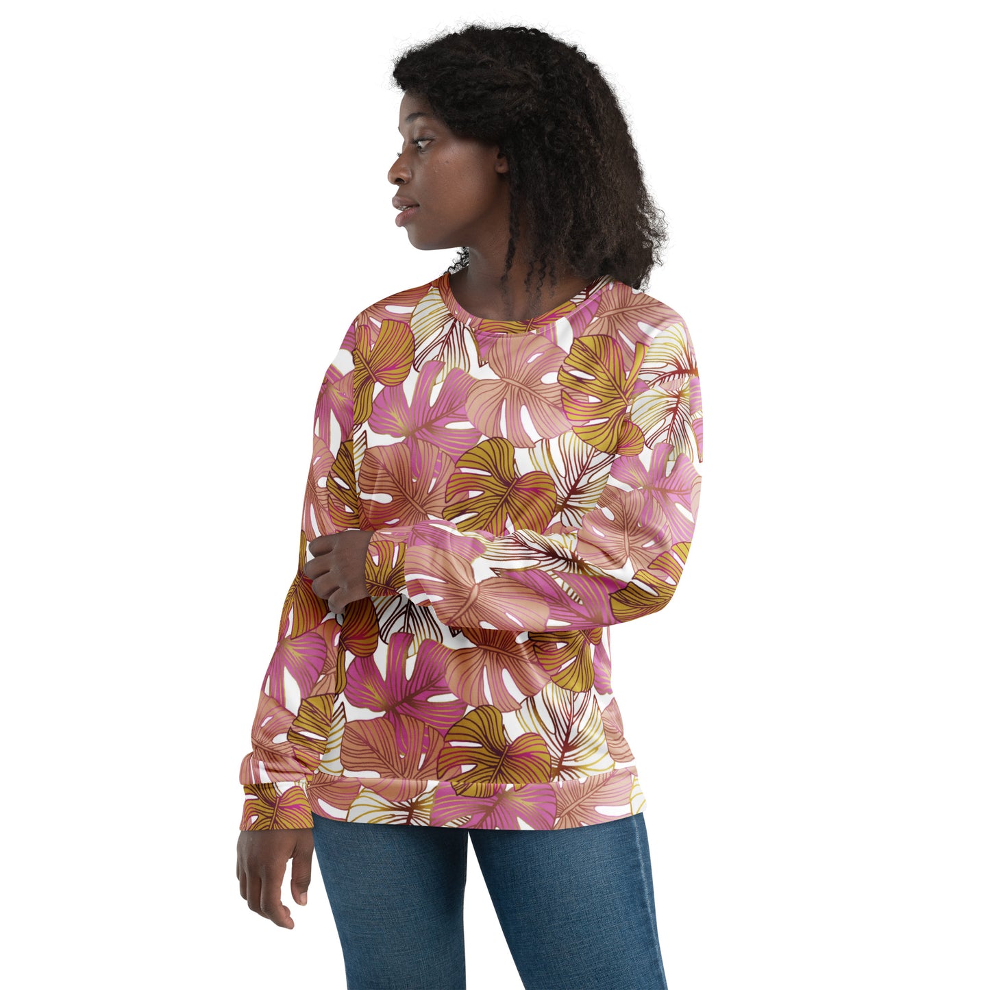 Women's Pullover Soft Fleece Crewneck Sweatshirt, Pink Tropical Plant Printed Pattern