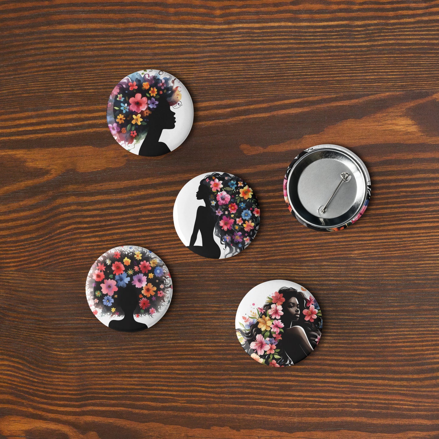 Set of Pin Buttons, Black Girl Curls & Flower Graphic