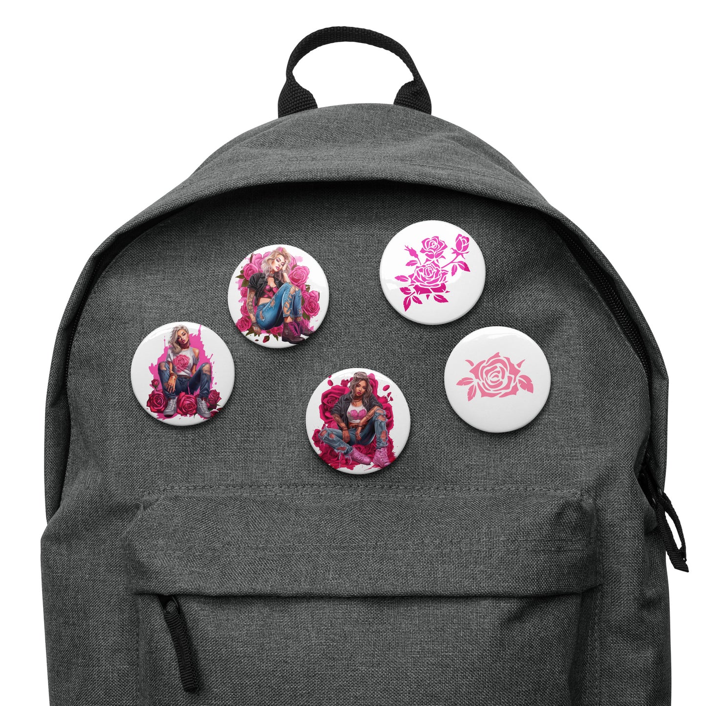 Set of Pin Buttons, Pink Roses Young Women Graphics