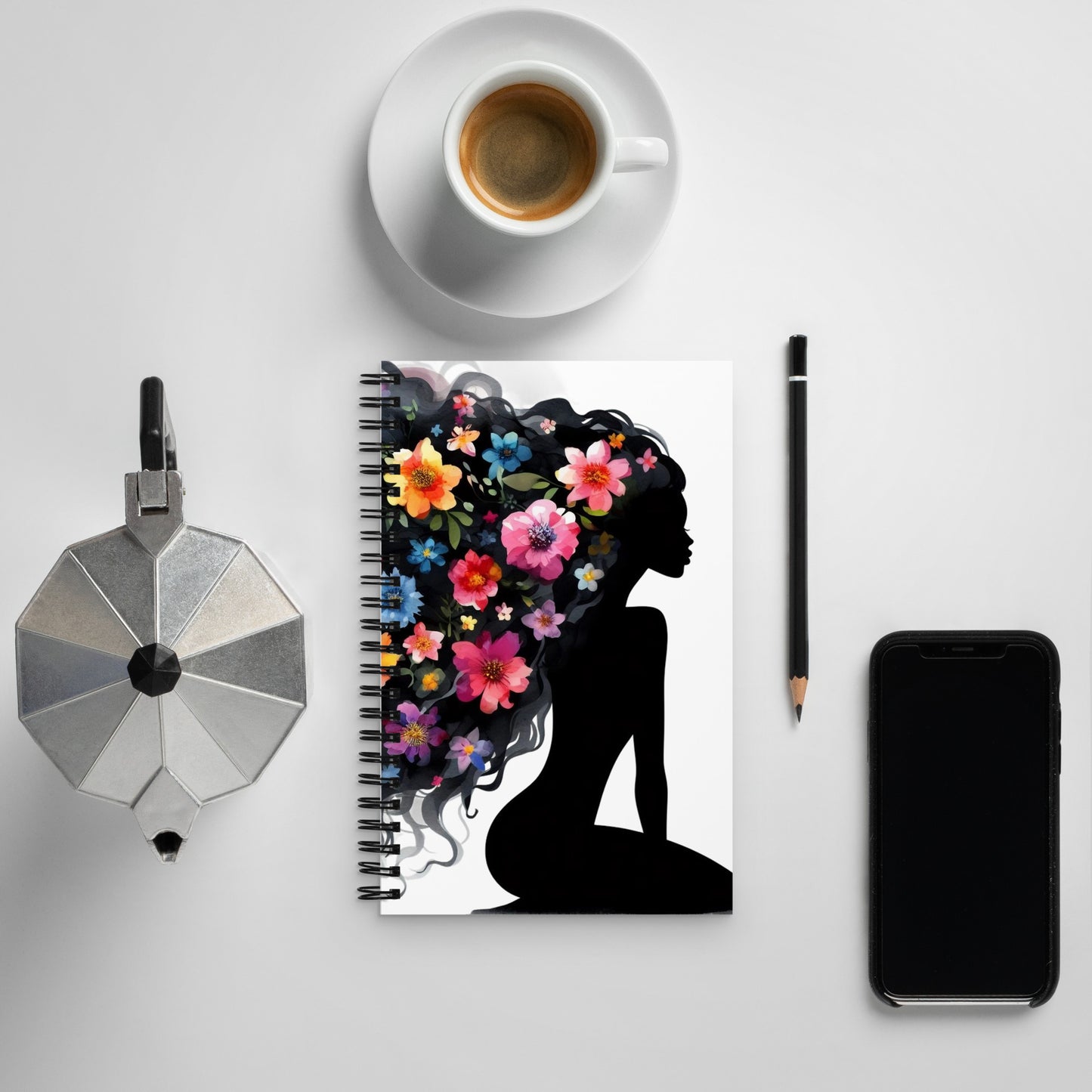 Journal Notebook Spiral Metal Binding, 140 Dotted Pages Soft Cover, Flowers Curls Black Girl Graphic