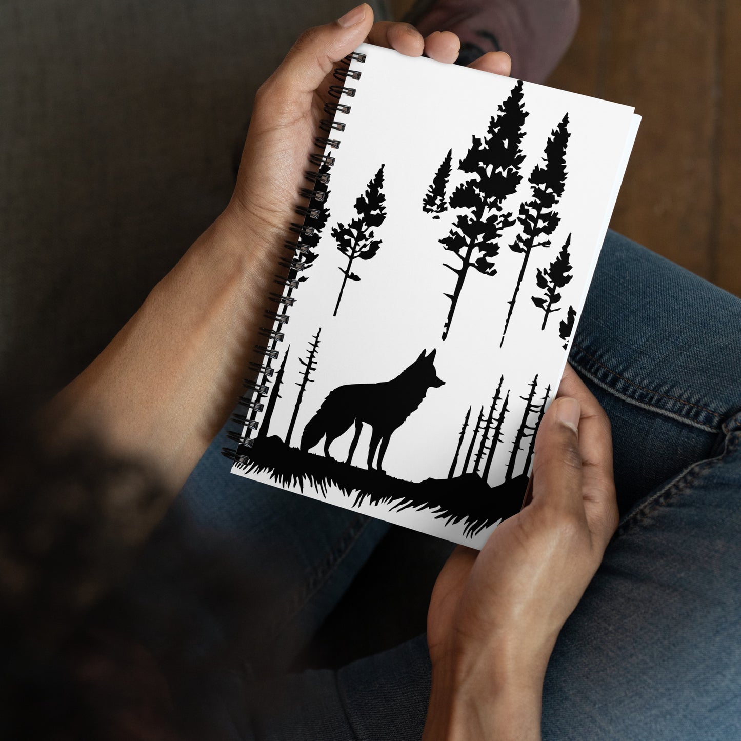 Journal Notebook Spiral Metal Binding, 140 Dotted Pages Soft Cover, Wolf Graphic