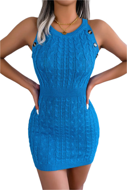 Decorative Button Sleeveless Cable-Knit Dress